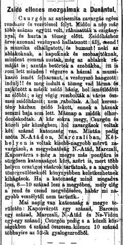 „Zsidó ellenes mozgalmak a Dunántúl.” (Forrás: Somogy, 1883. 09. 04., 1. o.)
